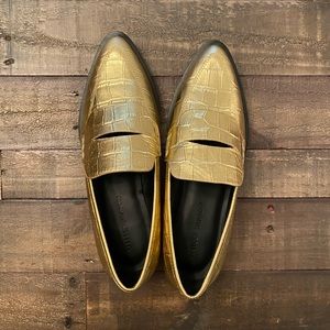 Rebecca Minkoff gold leather loafers.